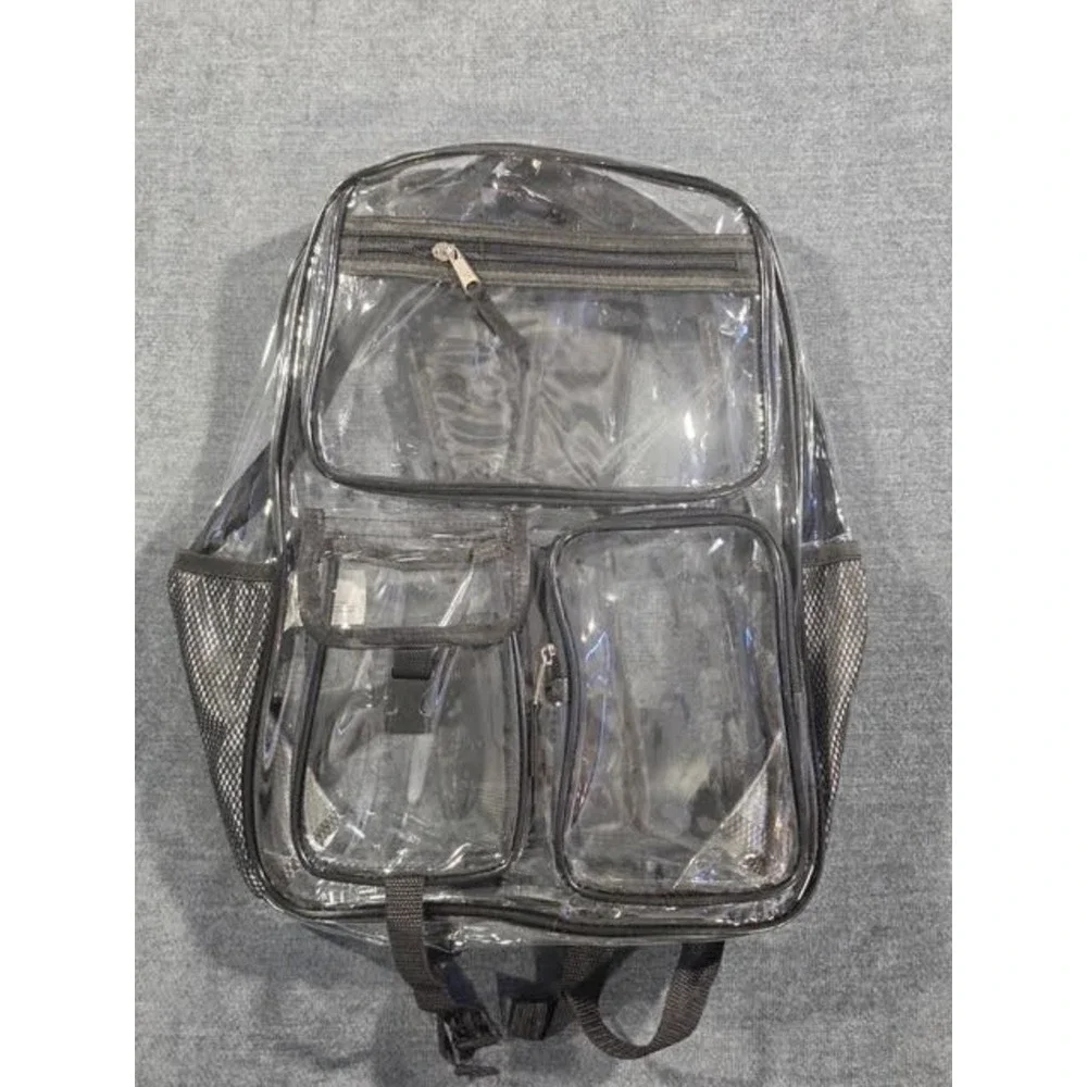 Clear PVC Stadium Backpack Black Trim Multi Pocket Transparent Daypack